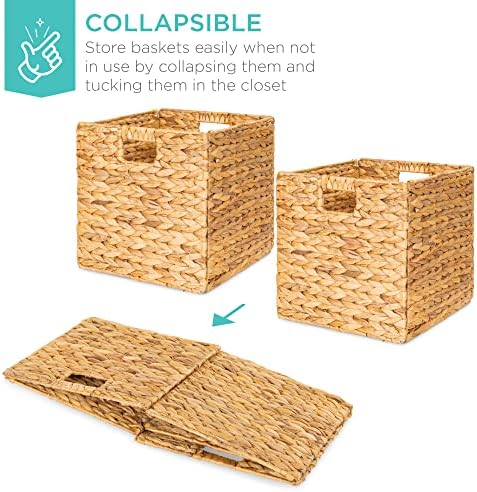 Best Choice Products 10.5x10.5in Pack of 5 Cube Storage Baskets, Water Hyacinth Multipurpose Collapsible Organizers, Handwoven Laundry Totes for Laundry, Living Room, Kids Room & Nursery - Natural - Image 3