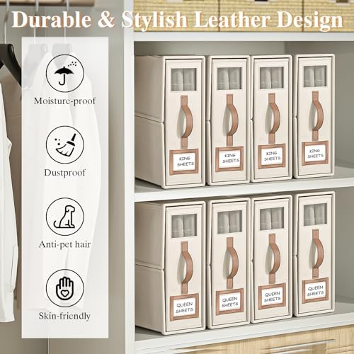 8 Pack Foldable Bed Sheets Set Organizers and Storage(King & Queen Size),Linen Fabric Closet Organizers with Window,Folding Bedding Storage Box for Bedsheets and Pillow Cube Organizer-Beige - Image 5