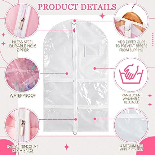 Nuenen 6pcs Garment Bags for Dance Costume Clothing Bags Hanging Clothes Clear Dance Garment Carrier for Dancers with 5 Zipper Pockets Closet Hanging Clothes Cover (White,40 Inch) - Image 3