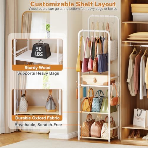 Tall Purse Organizer for Closet with 10 Purse Hanger & 6 Side Hooks, 5-Tier - Image 3