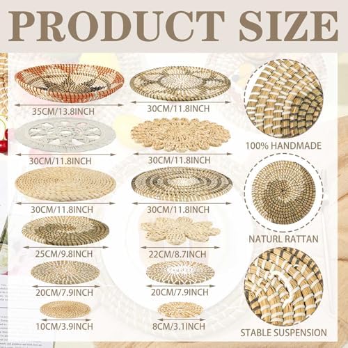 Xuhal 15 Pcs Boho Wall Basket Decor Handcrafted Seagrass Woven Wall Basket Rustic Round Woven Hanging Art for Home Farmhouse Kitchen Table Living Room(Classic Style) - Image 3