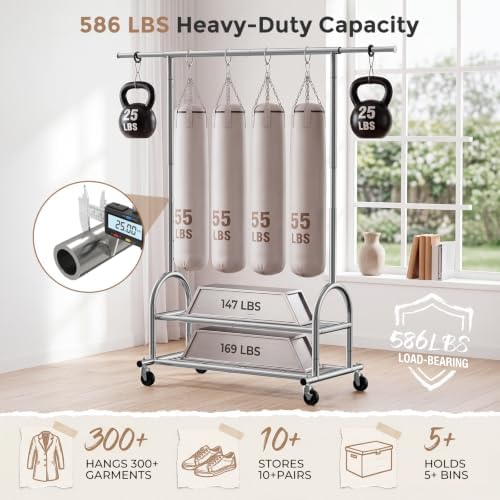 Heavy Duty Metal Clothes Rack Load 586 LBS, Height‑Adjustable Rolling Garment Rack for Hanging Clothes, Sturdy Wheel Clothing Rack with 2 Shelves, Portable Closet Wardrobe Organizer Rack, Silver - Image 4