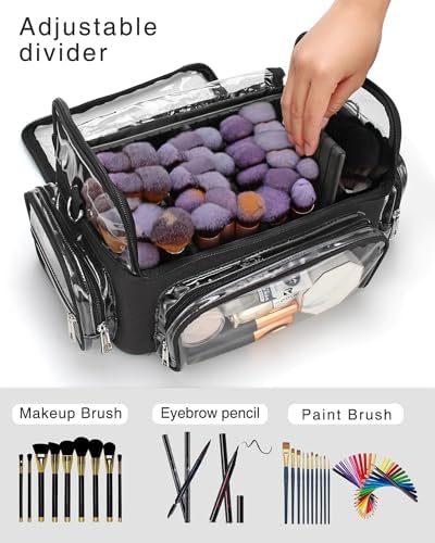 Makeup Brush Bag, Makeup Brush Case for Makeup Artist with Plastic Dividers Washable, Portable Travel Makeup Train Case with Clear Waterproof Cover for Easy to Clean and Find with Adjustable Strap - Image 2