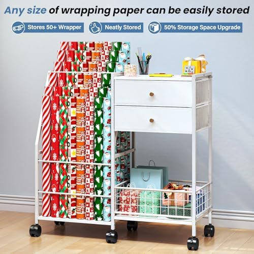 TC-HOMENY Wheeled Wrapping Paper Organizer Gift Wrap Ribbon Rack Blueprint - Image 4