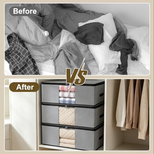 Cozary Pack of 3 60 L Underbed Storage Box, Foldable Storage Bag with Lid and Clear Window, Underbed Storage with Handle for Blankets, Bedding, Grey - Image 7
