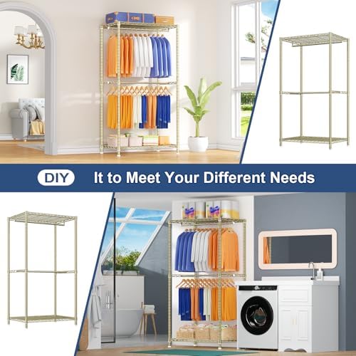 Ulif E12 Pro Clothes Rack，Heavy Duty Freestanding Garment Rack with Shelves，Metal Clothing Closet Storage System for Hanging Clothes，71" W x 16" D x 76.5" H, Hold 960 lbs，Gold - Image 5