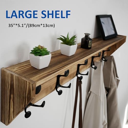 WEBI Wall Shelf with Hooks Underneath,35" Long Wall Mounted Coat Rack with Shelf,Entryway Coat Rack with 5 Triple Hooks for Hanging Coats,Jacket,Hallway,Bedroom,Mudroom,Brown - Image 7
