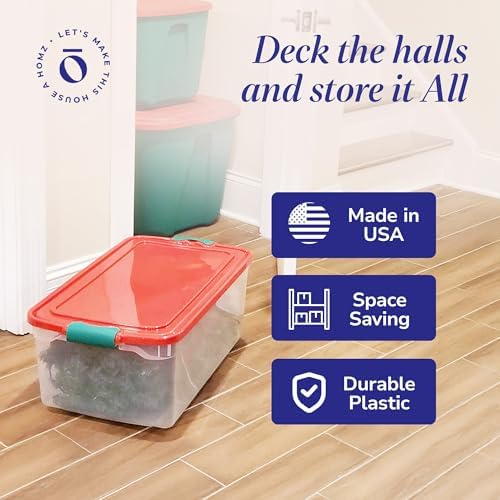 HOMZ Holiday Tote Plastic Storage Bin with Lid, 64 Qt, Clear/Red, 6 Pack - Image 5
