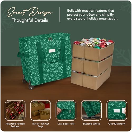 Covermates Keepsakes Rolling Adjustable Ornament Storage Bag – Heavy-Duty Polyester, FlexGrid Trays & Padded Dividers – Protective Holiday Organizer with Wheels, Handles & ID Window, Green Snowflake - Image 4