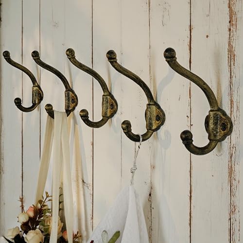 WEBI Rustic Coat Hooks Wall Mount,10 Cast Iron Wall Hooks for Hanging Heavy Duty Antique Backpack Hooks Vintage Decorative Wall Hooks for Farmhouse,Closet,Mudroom,Robe,Coats,Clothes,Gold/Black - Image 2