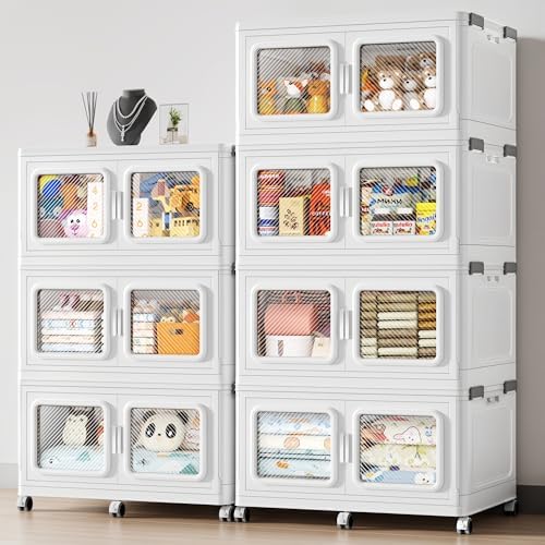 BROVIEW 385Gal Storage Bins, 1540Qt Extra Large Stackable Storage Box with Lids & Wheels - Heavy Duty Collapsible Plastic Cabinets, Open Front Door for Sundries in Home & Office, White 7 Pack by BROVIEW-EnjoytheArtofLife