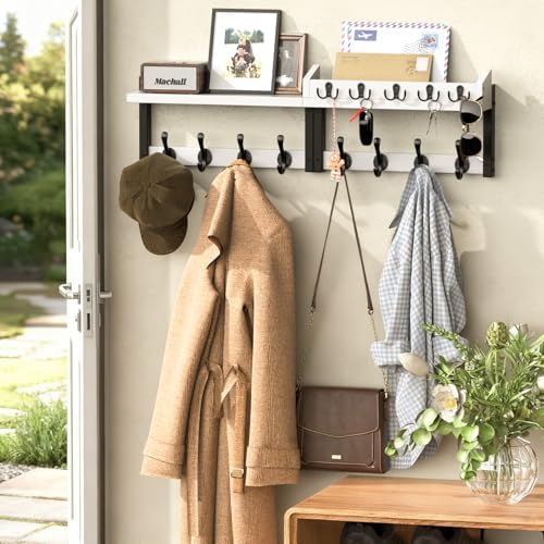 35'' White Coat Rack Wall Mount with Shelf, Solid Wood Coat and Key Hanger with 13 Metal Hooks, Farmhouse Wall Organizer for Mail, Entryway Wall Hangers for Hats, Clothes, Backpacks, Mudroom - Image 2