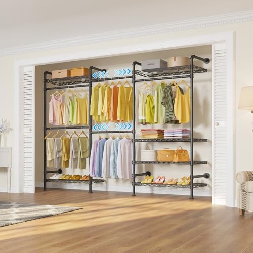 Timate F3 Garment Rack Heavy Duty Clothes Rack for Hanging Clothes, Expandable Industrial Pipe Wall Mounted Clothing Racks, Adjustable Storage Wardrobe Closet Kit Walk in Closet Systems, Black - Image 3