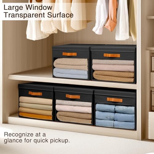 Homsorout Large Storage Bins with Lids - 6 Pack Foldable Decorative Organizers with Clear Windows & Handles, Cube Storage Organizers for Clothes, Blankets, Sweaters, Sheets, Black - Image 5