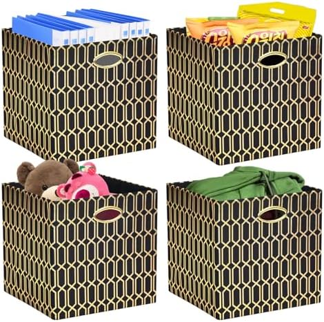 Posprica Storage Bins, Storage Cubes,13×13 Fabric Drawers Organizer Basket Boxes Containers (13×13×13/4pcs, Black/gold geometry Pattern) by Posprica