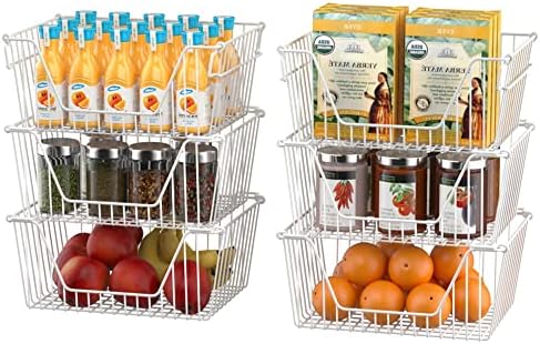 Slideep 14'' Large Metal Wire Storage Organizer Bin Basket Farmhouse Decor Stackable Storage Organizer for Pantry Home Bathroom Kitchen Organization White - 6 Pack - Image 2