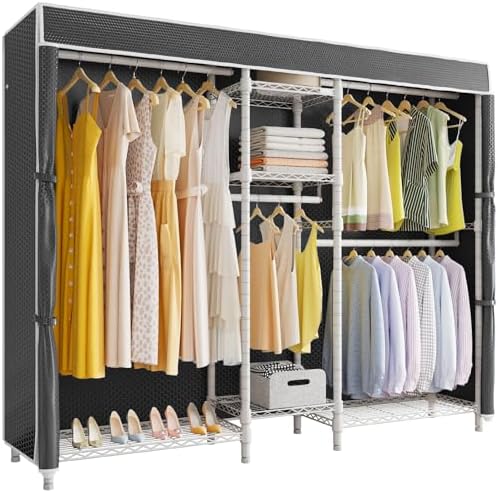 VIPEK Classic V6C Heavy Duty Covered Clothes Rack 5 Tiers Wire Garment Rack Large Size Wardrobe Closet White Metal Clothing Rack with Black Oxford Cover, 70.1" L x 17.3" W x 76.4" H, Max Load 870 LBS by VIPEK