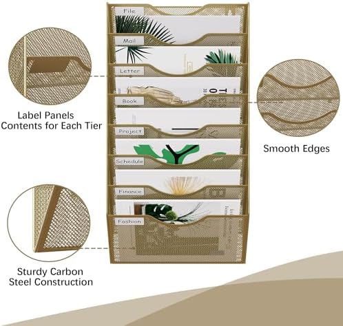 EasyPAG 8 Pocket Mesh Wall File Organizer, Hanging Paper Folder Holder with Classify Label, Vertical Wall Mount Mail Organizer for Office Home Classroom, Gold - Image 3