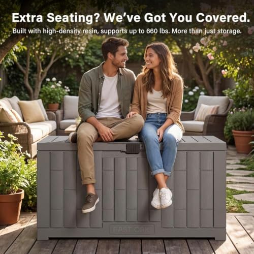 EAST OAK Outdoor Storage Box, 60 Gallon Deck Box Indoor and Outdoor Use, Waterproof Resin Storage Bin for Patio Cushions, Gardening Tools, Lockable, UV Resistant, Ash Grey - Image 5