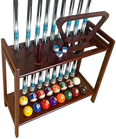 Pool Stick Holder Floor Stand Holds 9 Cues & Pool Table Accessories. Wooden 2-Tier Cue Stick Storage with Ball Rack Hangers, Billiard Cone Chalk Holder or Drink Pads - Image 4