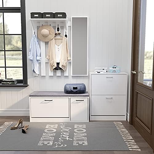 39.4" Coat Rack Wall Mount with Shelf and Mirror, Wall Shelf with 5 Hooks and Storage for Hallway Entryway Modern (White) - Image 6