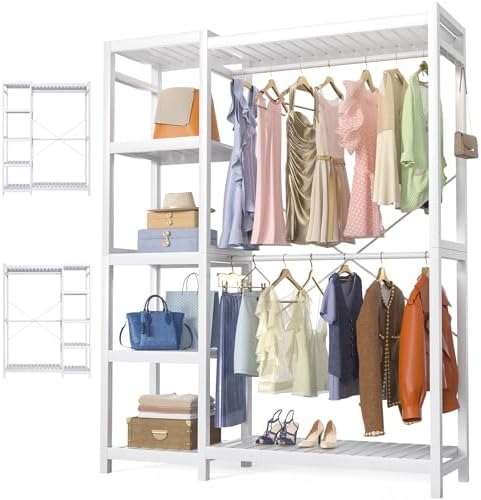 Homykic Bamboo Clothing Rack with 7 Adjustable Shelves, 2 Hang Rods, White by Homykic
