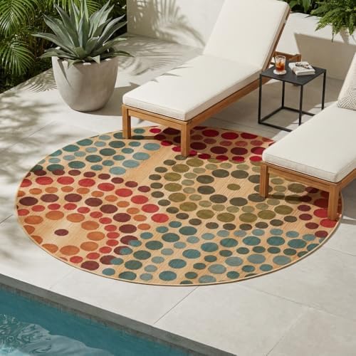 Unique Loom Outdoor Modern Collection Area Rug - Spark (5' 1" Round, Beige/ Burgundy) by UniqueLoom