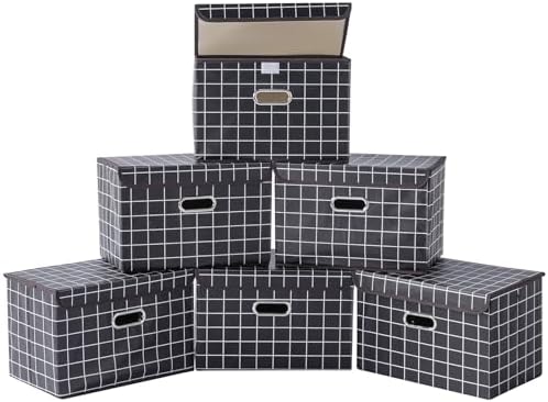 STOREONE Fabric Storage Cube Bins Foldable Organizer Container Collapsible Basket with Lids and Metal Handles, for Home, Bedroom, Closet 6 Pcs (Black grid) by STOREONE