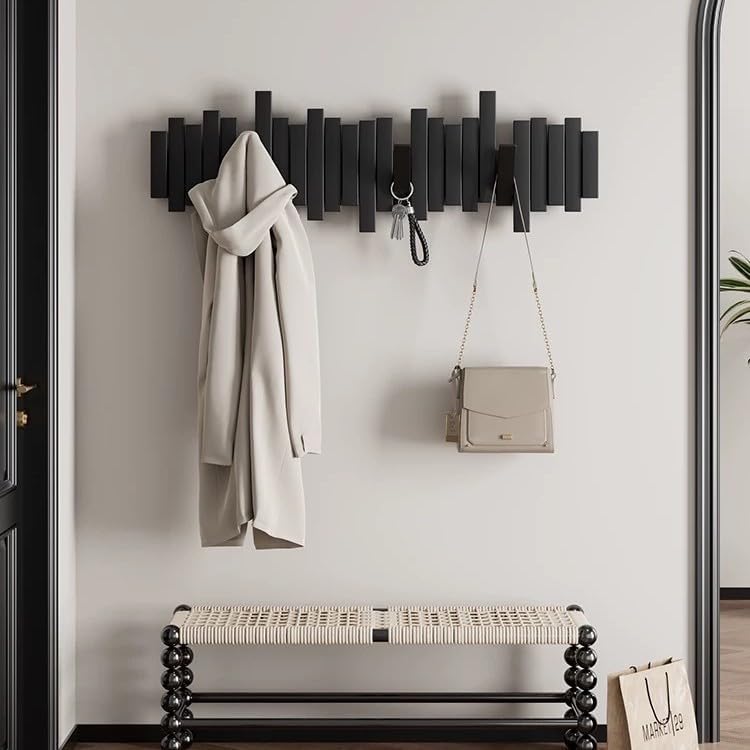 ELECANE Key Holder Wall Mount, Splicable Wooden Piano Coat Rack Wall Mount, Modern Wall Art Flip Down Magnetic Hooks Wall Hook Hat Hanger for Entryway Key Holder Bedroom Kitchen (Black, 6 Hooks) - Image 5