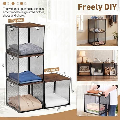 AceOrbit 3 Pcs Stackable Closet Storage Bins 12"x12"x12" Dark - Image 3