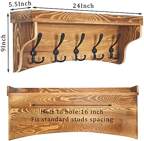 WEBI Wall Shelf with Hooks Underneath,24" Long Coat Rack Wall Mount with Shelf,5 Triple Hooks,Wall Shelves for Bathroom,Entryway,Rustic Brown - Image 2