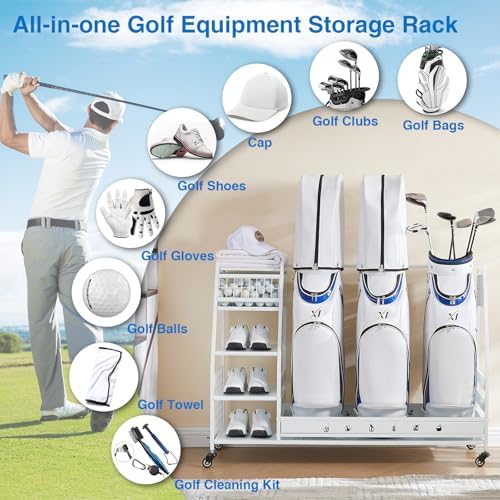 Lauren&Harold Golf Bag Organizer Garage Storage, Golf Storage Rack Stand Fits 2 Golf Bags, Golf Clubs and Other Golfing Equipment Accessories, Golf Organizer for Garage, Club, Shed, Basement - Image 6