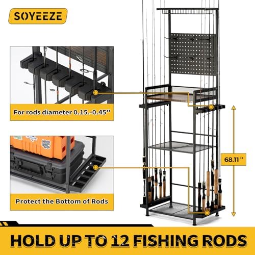 SOYEEZE Fishing Rod Holders for Garage,Fishing Gear Holder for Fishing Rod Tackle Box Storage，Fishing Pole Holders for 12 Rods with Hooks and Pegboard,Fishing Stand with Reel Rack, Standard Size - Image 4