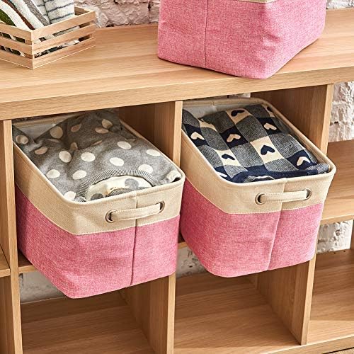 EZOWare Set of 3 Large Canvas Fabric Tweed Storage Organizer Cube Set W/Handles for Nursery Kids Toddlers Home and Office - 15 L x 10.5 W x 9.4 H -Pink - Image 2