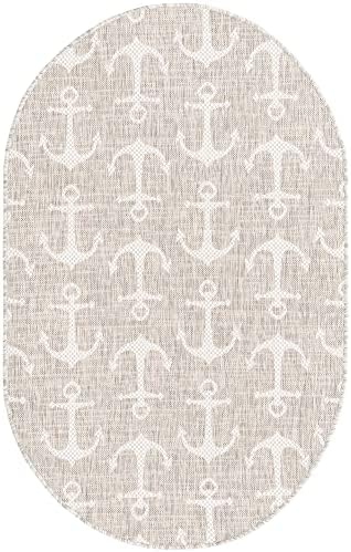 Unique Loom Outdoor Coastal Collection Area Rug - Ahoy (3' 3" x 5' 3" Oval, Gray/Ivory) - Image 3