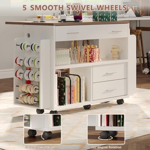 Gift Wrap Storage Cart with Foldable Drop Leaf, Crafting Table with Storage - Image 6
