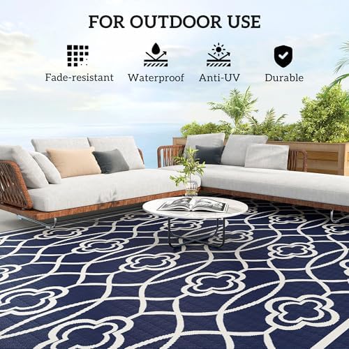 Outsunny Outdoor Rug for Patio Waterproof 9' x 18' Blue & White Lantern - Image 6