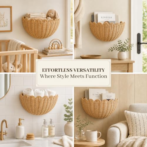 Scalloped Wall Basket, Wicker Wall Baskets, Hanging Wicker Basket, Handwoven Wall Mounted Storage Basket - 15.76 x 10 x 7 Inch, for Bathroom Bedroom Kitchen Entryway Decor - Image 6