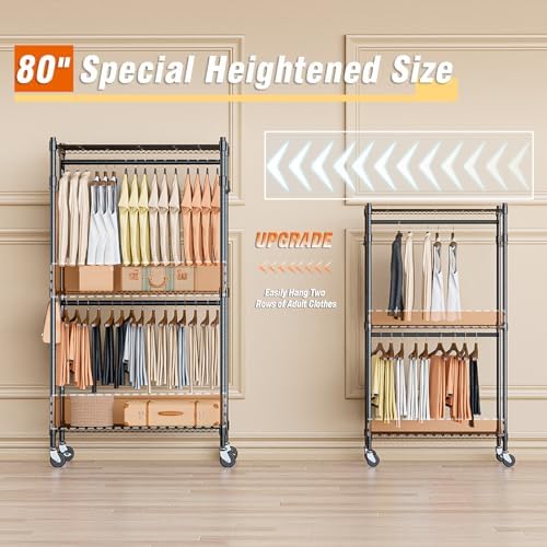 Homdox Heavy Duty Clothing Rack with 3 Tier Adjustable Wire Shelves, Garment Racks for Hanging Clothes, Double Rods Clothing Rack, Freestanding Closet Wardrobe with Side Hooks, Black - Image 2