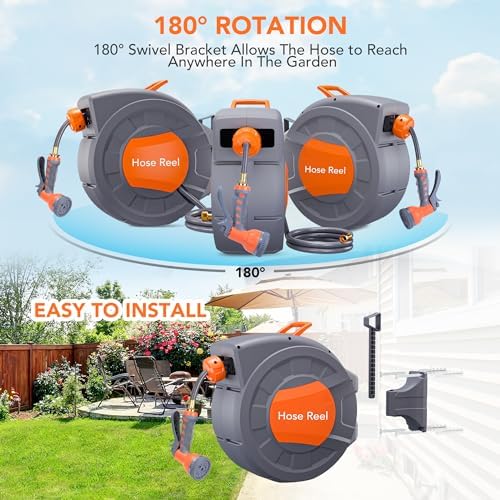GAOMON Retractable Garden Hose Reel - 1/2 in x 72 ft, Wall Mounted, 9-Function Sprayer, Any Length Lock, 180° Swivel, Automatic Slow Rewind - Image 3