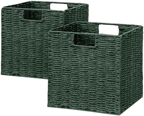 Vagusicc Wicker Storage Basket, Set of 2 Hand-Woven Paper Rope Wicker Basket, Foldable Cube Storage Bins, Square Large Storage Baskets for Organizing Shelves & Decor, Orange (13″×13″×13″) by Vagusicc