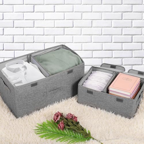 2 Pack Storage Boxes with Lids and Handles, Collapsible Linen Storage Bins Organizer Containers Baskets Cube with Removable Divider for Home Bedroom Closet Office (Pink, Large) - Image 4