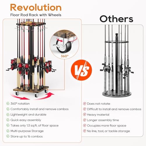 Fishing Rod Rack for 16 Poles - 360° Rotating Base, Easy to Install & Durable Wooden Pole Holders for Garage, Fishing Rod Equipment Organizer Storage Stand for Ground, Fishing Gifts for Men, Brown - Image 4
