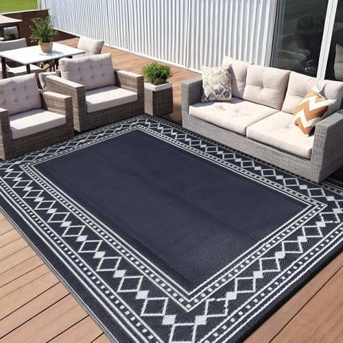 GlowSol 10x20 Outdoor Rug Waterproof Reversible Patio Carpet, Plastic Straw Camping Rug for RV Backyard Deck Beach Stain Resistant Foldable Indoor Outdoor Floor Mat Decor, Dark Blue/White - Image 5