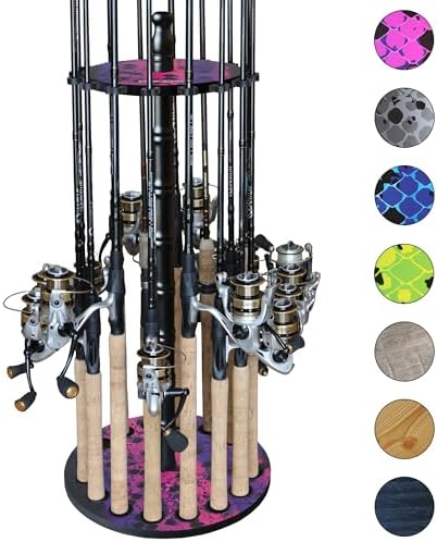 Rush Creek Creations | Round Spinning Fishing Rod Holder for 16 Freshwater Fishing Poles, Fishing Gear, and Fishing Accessories | Fishing Rod Rack with 16 Fishing Rod Clips for Garage Organization by RushCreekCreations