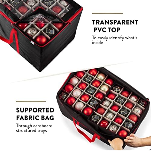 Premium Large Carrying Christmas Ornament storage Box with Clear Lid, 3" Compartment, Contains 10 Trays, Keeps 200 Holiday Ornaments & Xmas Accessories, Made Of Tear Proof Made Of 600D Oxford Fabric - Image 4