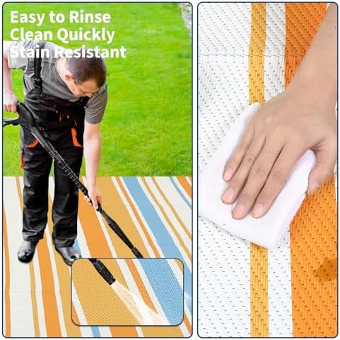 Garvee Striped 9x18 Waterproof Modern Lines Large Outdoor Rug Blue Yellow - Image 7