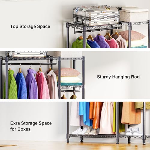 M MZG Heavy Duty Rolling Garment Rack 3 Tiers Adjustable Wire Shelving Clothes Rack with 3 Rods and Side Hooks,Storage Closet Clothing Rack Black 15.7" D x 43.3" W x 76.5" H - Image 3