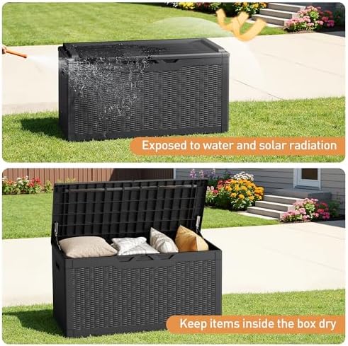 Greesum 100 Gallon Resin Deck Box Large Outdoor Storage Boxes with Cushions for Garden Tools, Patio Furniture Pillows, Pool Supplies, Black - Image 4