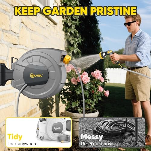 SILVEL 1/2 in x 110 FT Retractable Garden Hose Reel, UV Resistant Heavy Duty Automatic Hose Reel Wall Mount with 10 Pattern Nozzle, Any Length Lock & Slow Return System, 180°Swivel Bracket, Yellow - Image 2